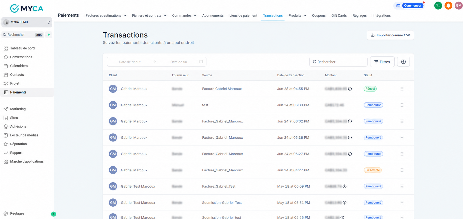 Liste des transactions MYCA sur ordinateur