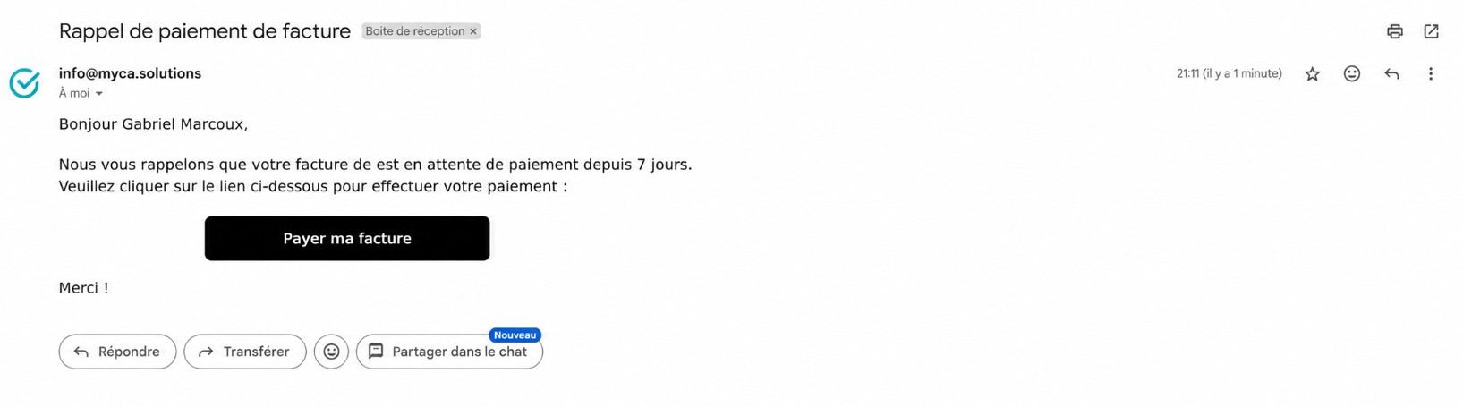 Détail du courriel de rappel de paiement