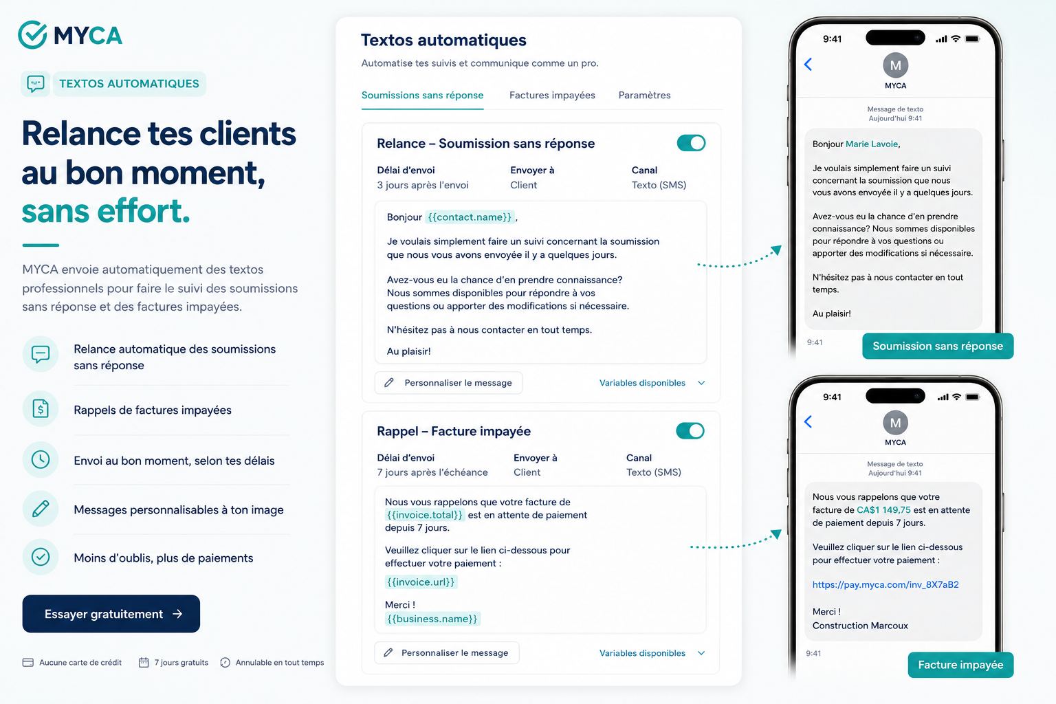 Textos automatiques MYCA — relances de soumissions et factures impayées