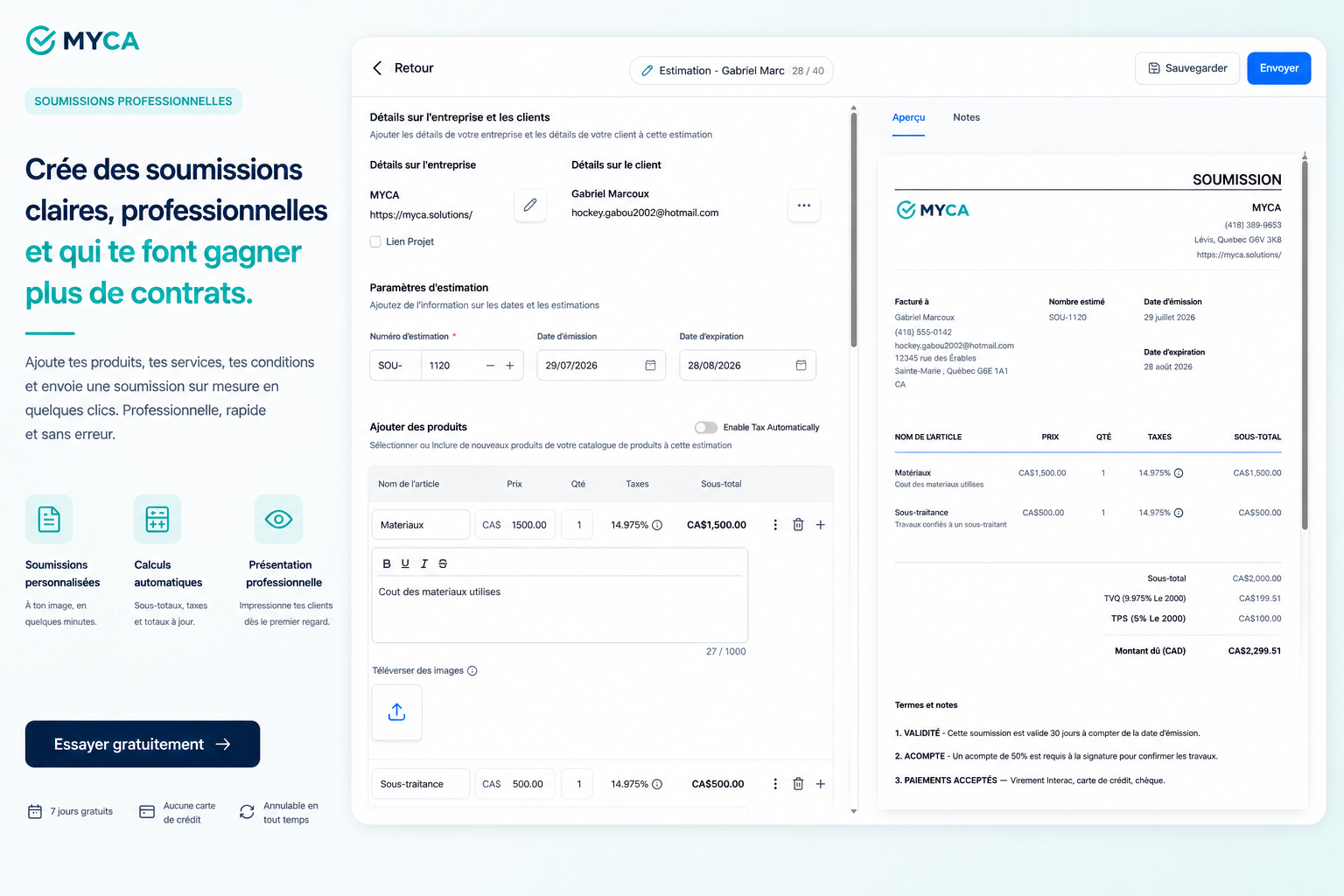 Création d'une soumission professionnelle dans MYCA