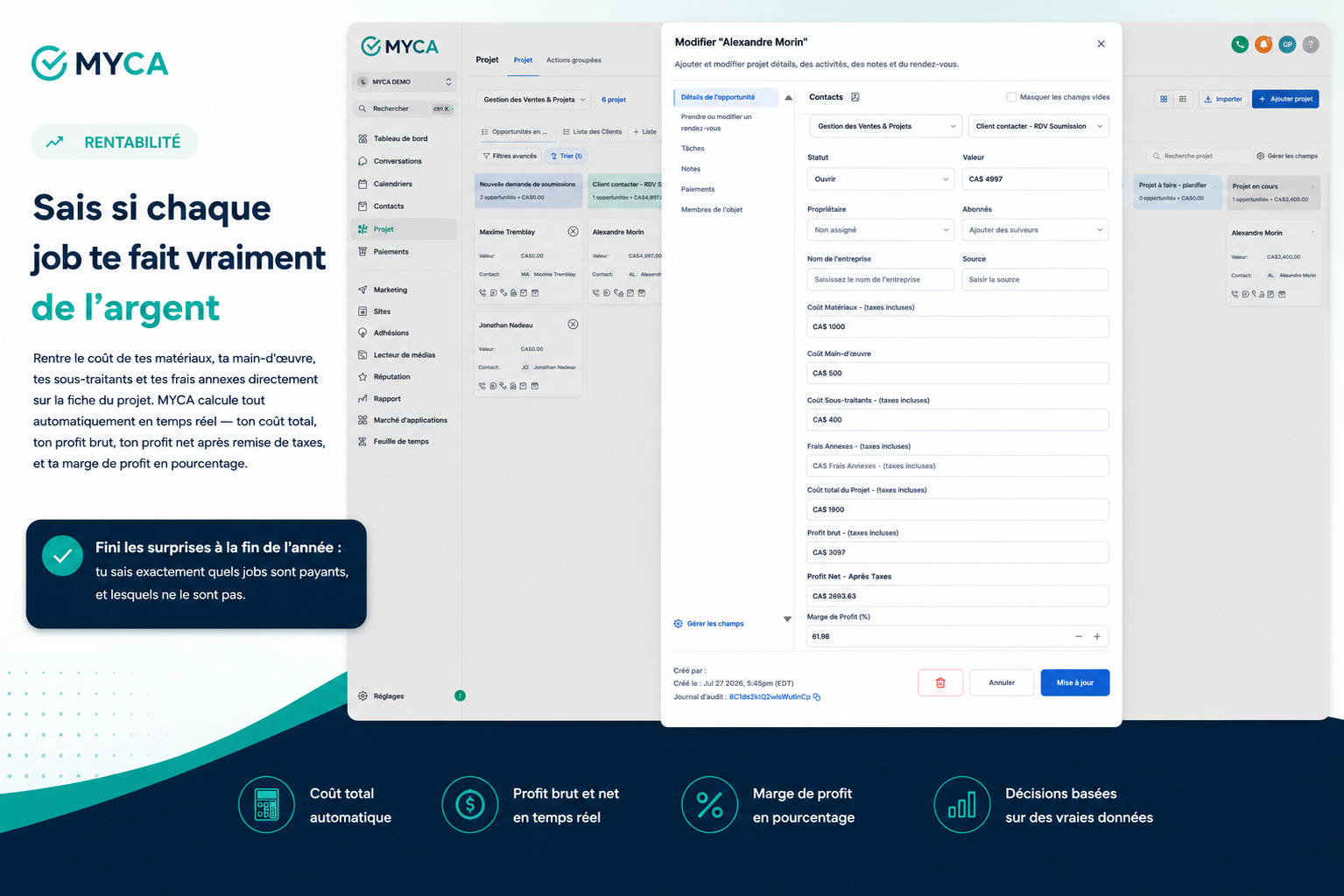 Calcul de coût et rentabilité d'un projet dans MYCA