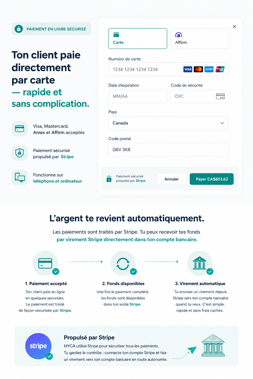Paiement en ligne sécurisé par Stripe dans MYCA