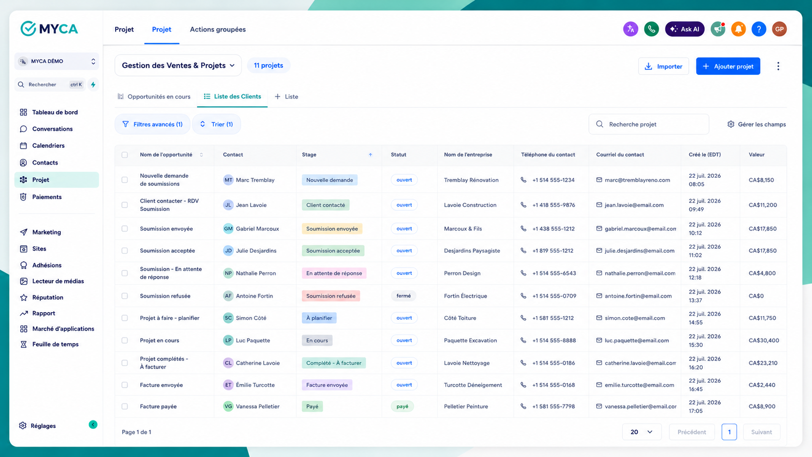 Vue par liste des clients et projets dans MYCA