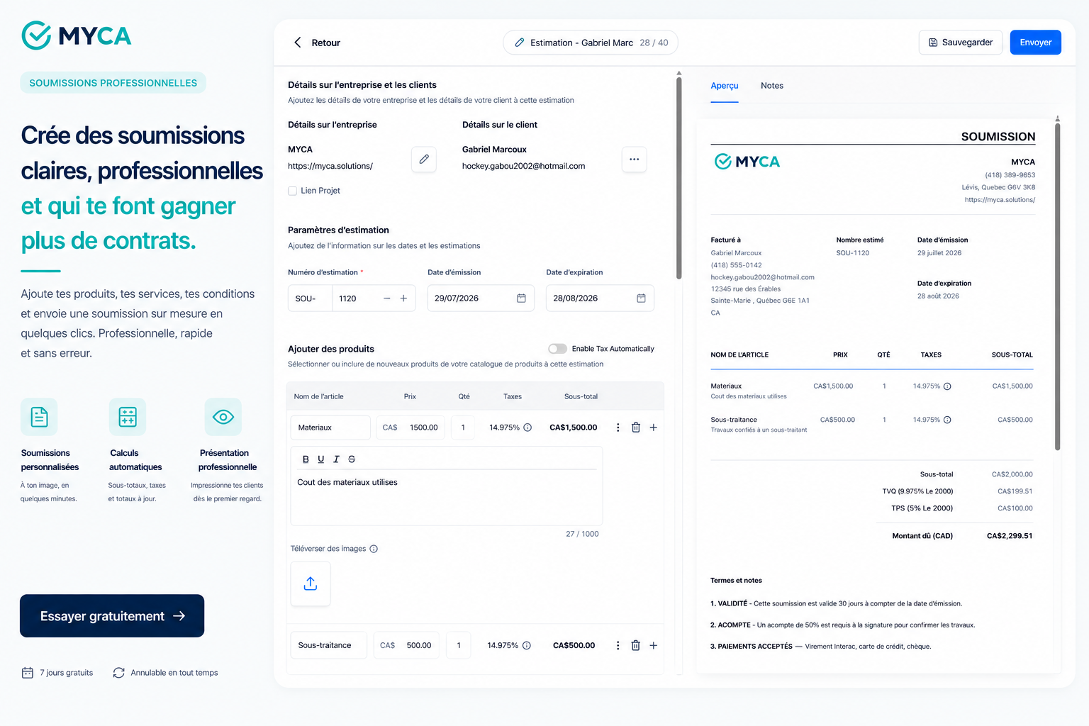Soumission professionnelle créée dans MYCA avec les services et les prix de l'entreprise