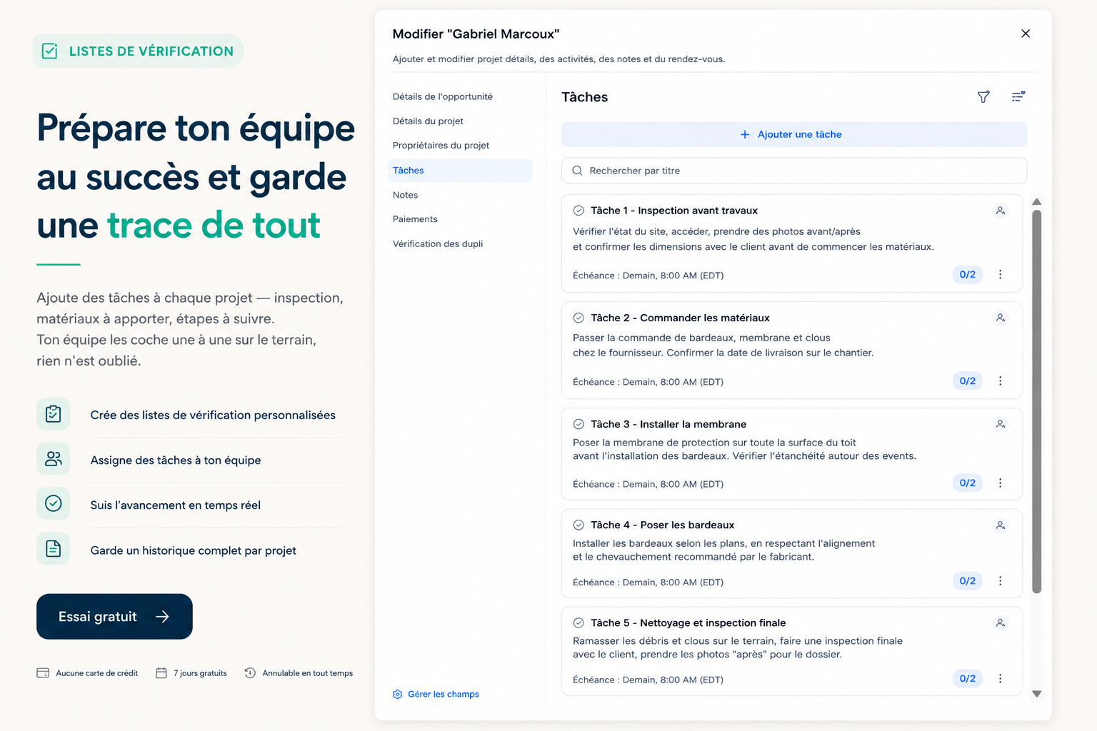 Listes de vérification et tâches dans MYCA