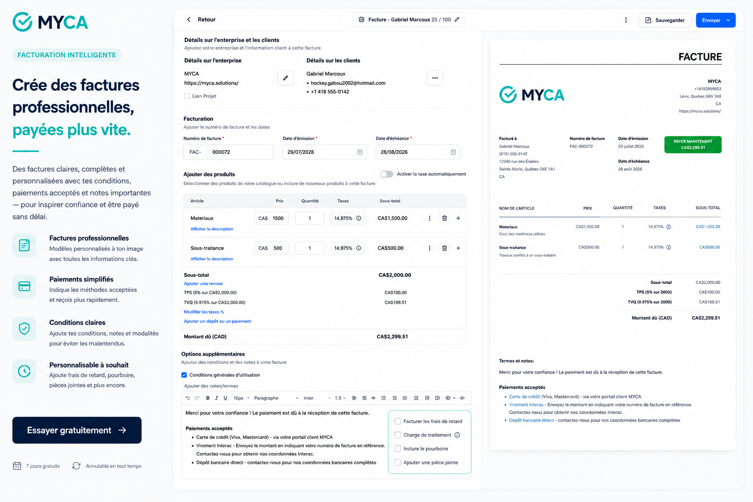 Facture MYCA envoyée et payée en ligne