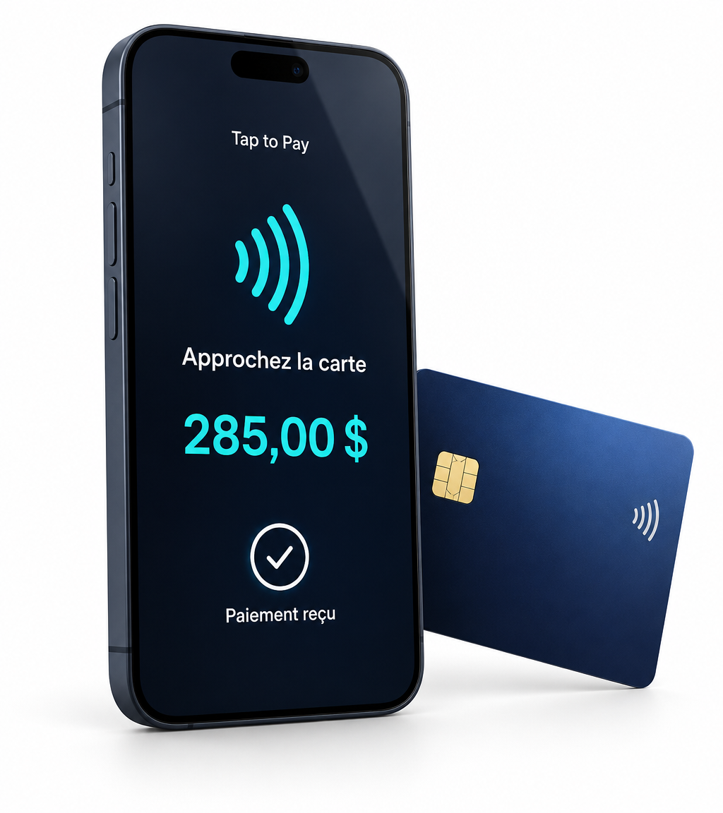 Téléphone affichant l'écran Tap to Pay de MYCA avec un paiement de 285,00 $ reçu, et une carte bancaire derrière